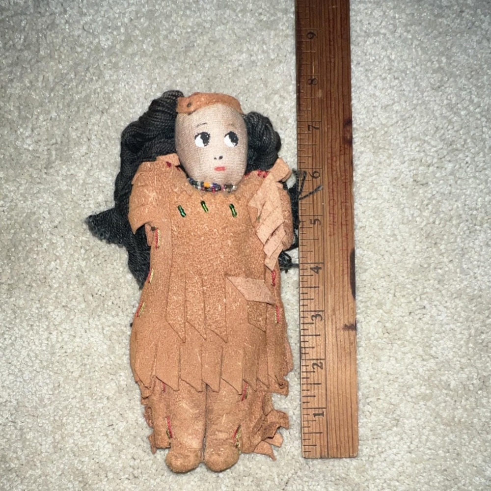 Vintage Handmade Souvenir Cloth Doll Suede Fringe Outfit Beaded 6 Inch